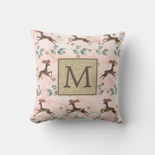 Cute Christmas Reindeer Burlap Monogram  Throw Pillow