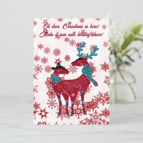 Cute Christmas Reindeer Couple Red Snowflake White Holiday Card