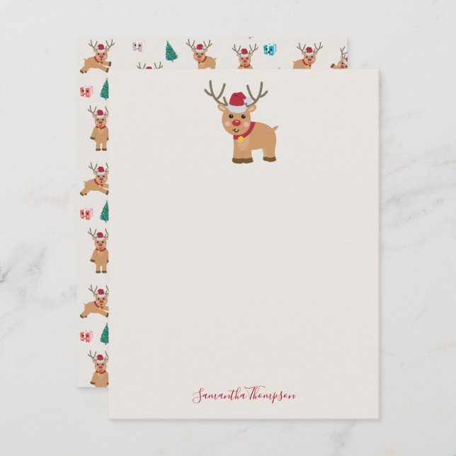 Cute Christmas Reindeer Custom Name Note Card (Front/Back)