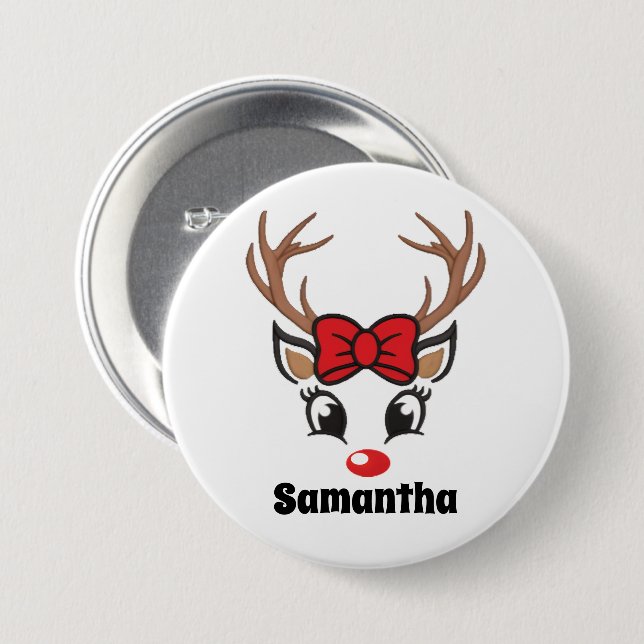 Cute Christmas Reindeer Face Button (Front & Back)