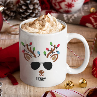 Cute Christmas reindeer face With Ligths Coffee Mug