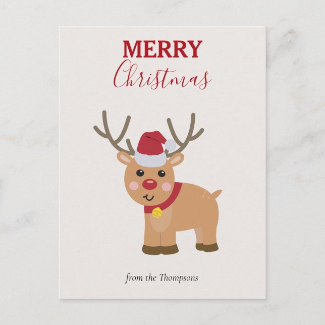 Cute Christmas Reindeer Family Name Holiday Postcard (Front)