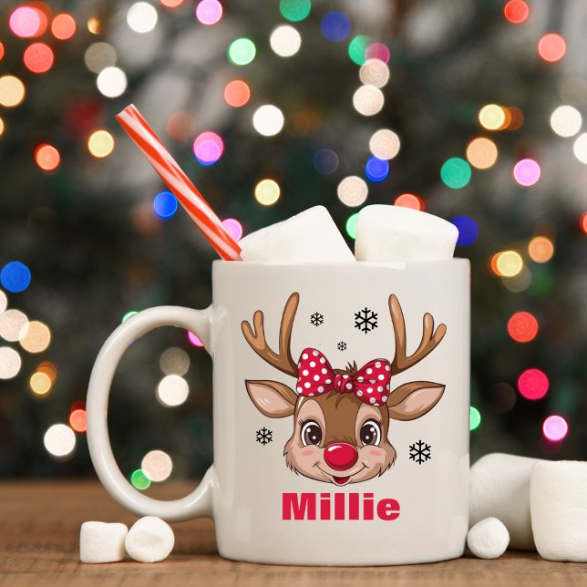 Cute Christmas Reindeer Girl Red Polka Dot Bow Coffee Mug (Christmas Reindeer Girl Red Polka Dot Bow Coffee Mug
)