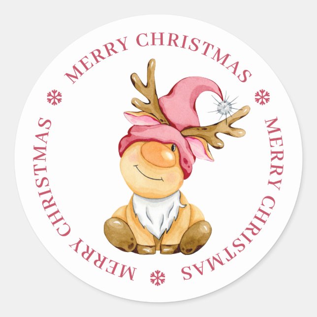 Cute Christmas Reindeer Gnome Personalized Classic Round Sticker (Front)