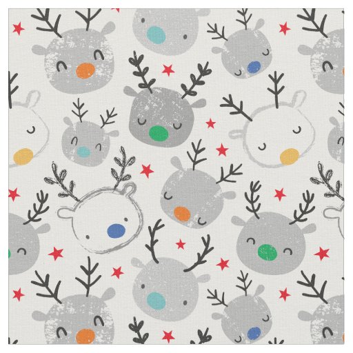 Cute Christmas Reindeer Heads on white Fabric