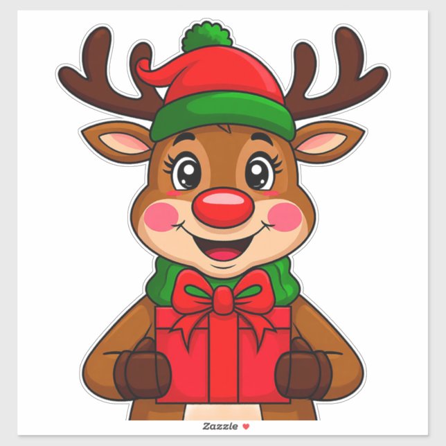 Cute Christmas Reindeer Holding a Gift Sticker (Sheet)