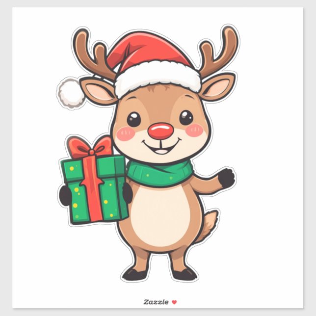 Cute Christmas Reindeer Holding a Gift Sticker (Sheet)