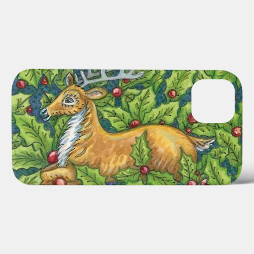 Cute Christmas Reindeer in Forest with Holly iPhone 13 Case