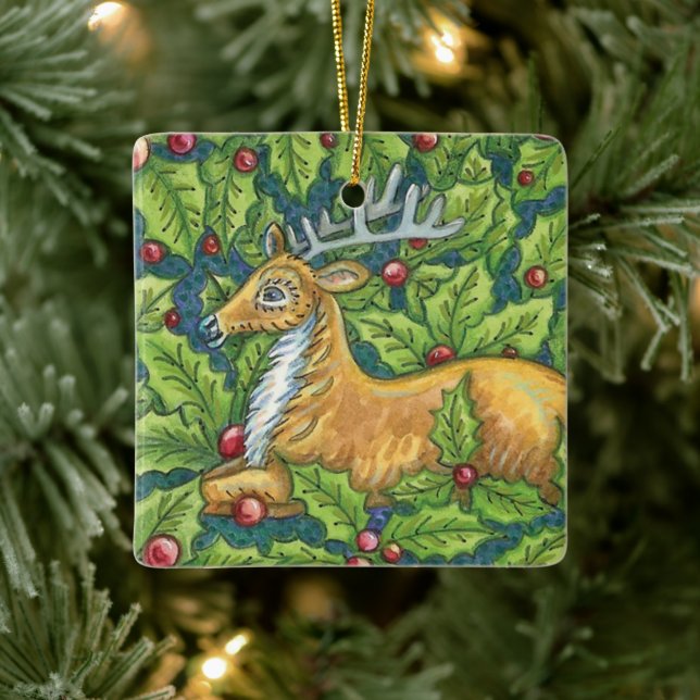 Cute Christmas Reindeer in Forest with Holly Ceramic Ornament (Tree)