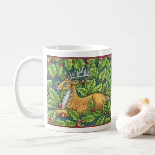 Cute Christmas Reindeer in Forest with Holly Coffee Mug