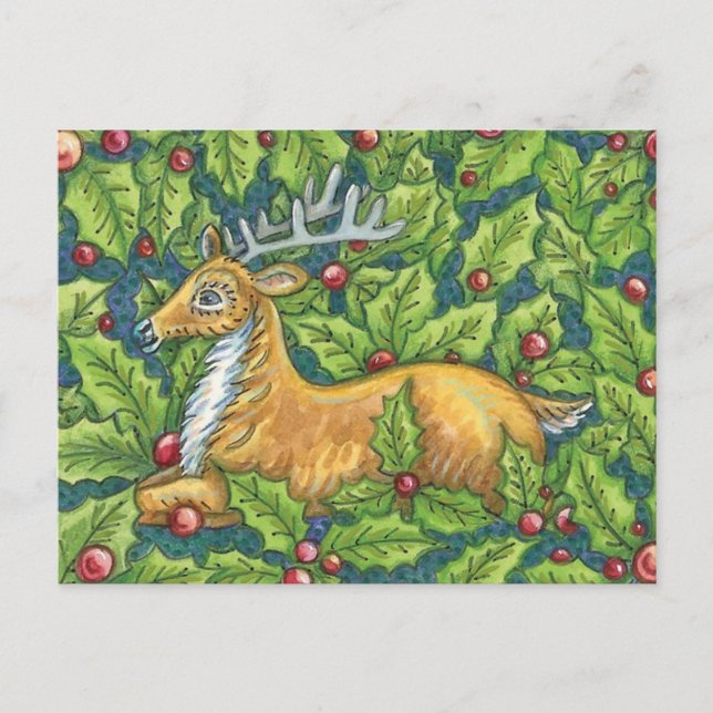 Cute Christmas Reindeer in Forest with Holly Holiday Postcard (Front)