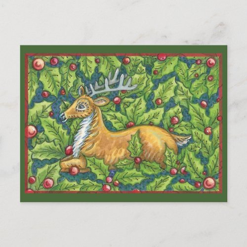 Cute Christmas Reindeer in Forest with Holly Holiday Postcard