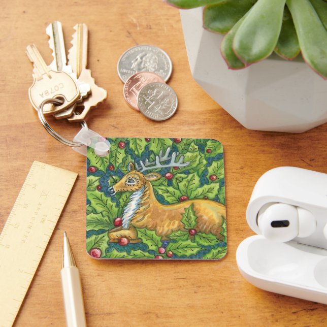 Cute Christmas Reindeer in Forest with Holly Keychain (Desk)