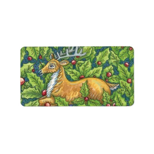 Cute Christmas Reindeer in Forest with Holly Label