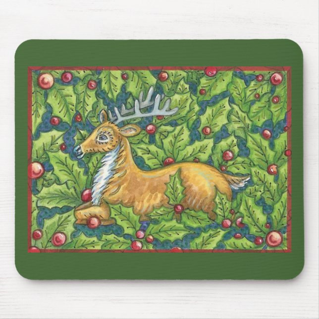 Cute Christmas Reindeer in Forest with Holly Mouse Pad (Front)