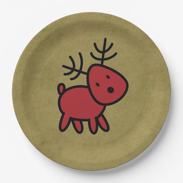Cute Christmas Reindeer in Red and Black Cartoon Paper Plates (Front)