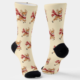 Cute Christmas Reindeer in Red Snowflake Scarf Socks