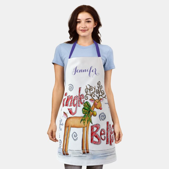 Cute Christmas Reindeer, Jingle Bells Snowflakes Apron (Worn)