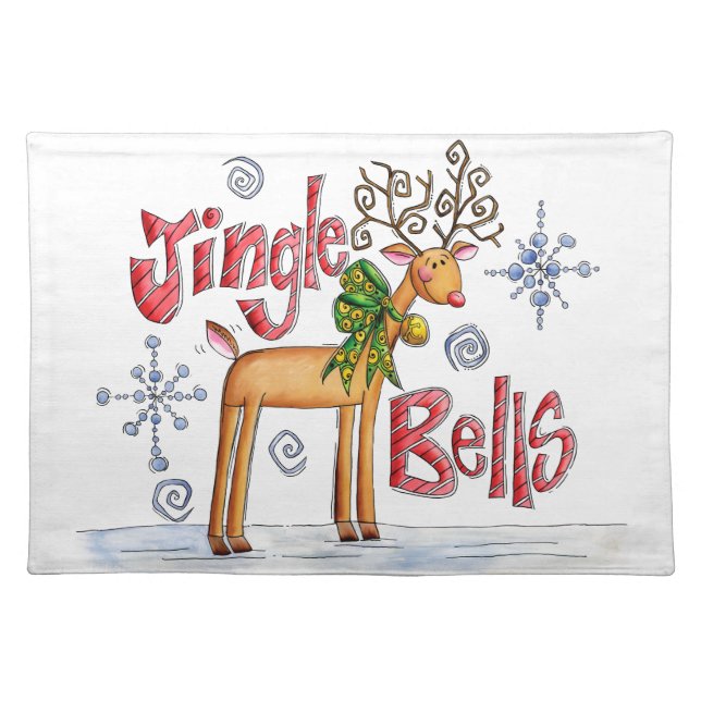 Cute Christmas Reindeer, Jingle Bells Snowflakes Cloth Placemat (Front)