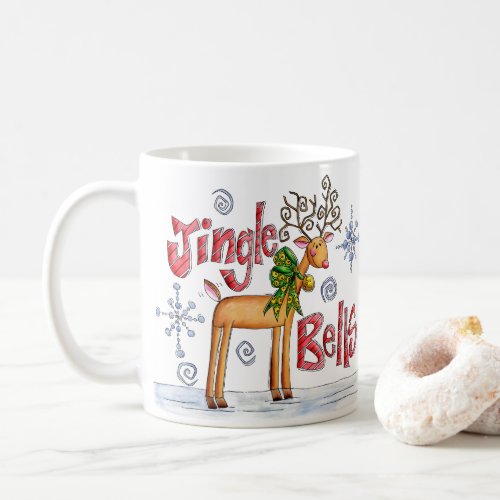 Cute Christmas Reindeer Jingle Bells Snowflakes Coffee Mug