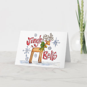 Cute Christmas Reindeer, Jingle Bells Snowflakes Holiday Card