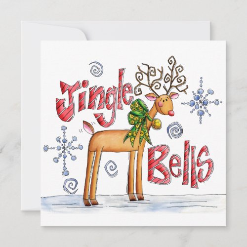 Cute Christmas Reindeer Jingle Bells Snowflakes Holiday Card