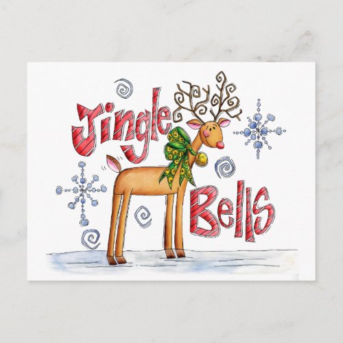 Cute Christmas Reindeer Jingle Bells Snowflakes Holiday Postcard