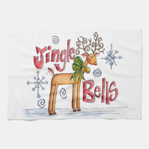 Cute Christmas Reindeer Jingle Bells Snowflakes Kitchen Towel