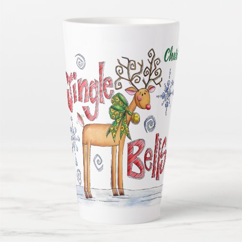 Cute Christmas Reindeer Jingle Bells Snowflakes Latte Mug