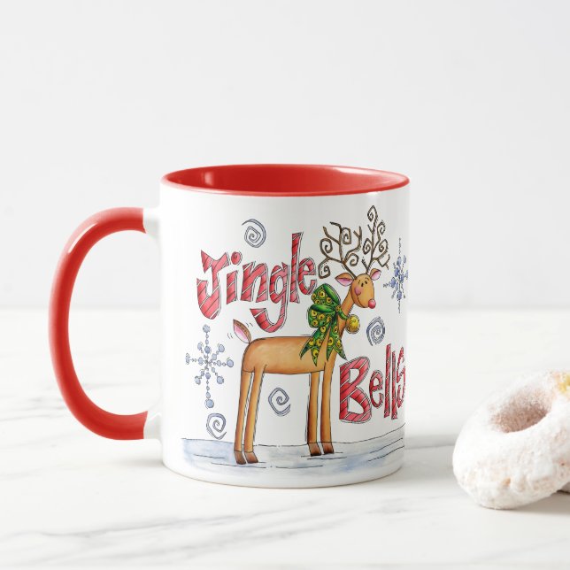 Cute Christmas Reindeer, Jingle Bells Snowflakes Mug (With Donut)