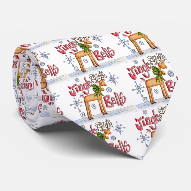 Cute Christmas Reindeer, Jingle Bells Snowflakes Neck Tie (Rolled)