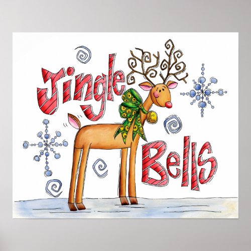 Cute Christmas Reindeer Jingle Bells Snowflakes Poster