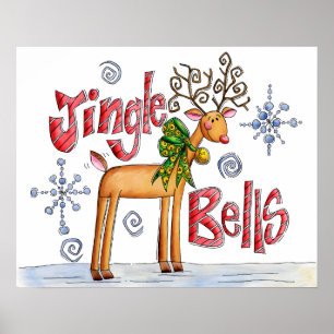 Cute Christmas Reindeer, Jingle Bells Snowflakes Poster