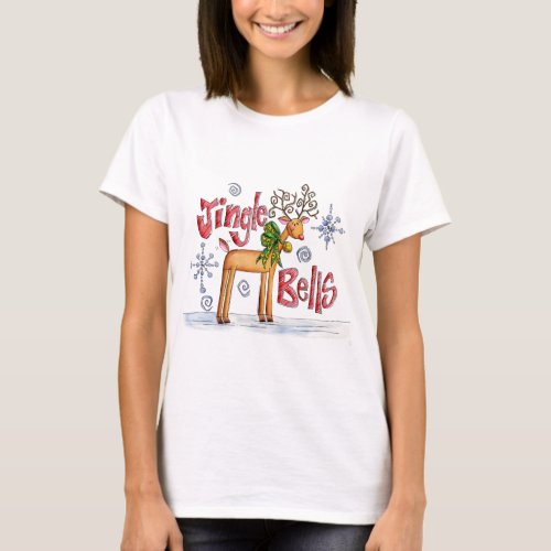 Cute Christmas Reindeer Jingle Bells Snowflakes T_Shirt