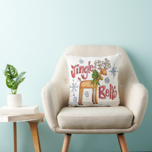 Cute Christmas Reindeer, Jingle Bells Snowflakes Throw Pillow