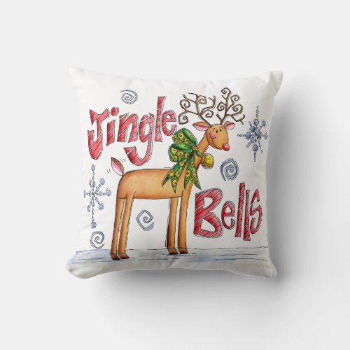 Cute Christmas Reindeer Jingle Bells Snowflakes Throw Pillow