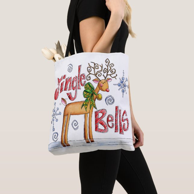 Cute Christmas Reindeer, Jingle Bells Snowflakes Tote Bag (Close Up)