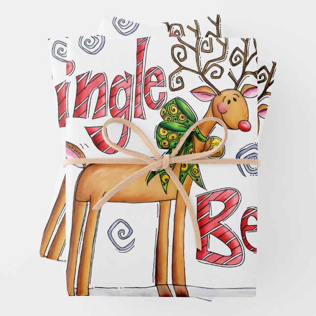 Cute Christmas Reindeer, Jingle Bells Snowflakes Wrapping Paper Sheets (In situ)