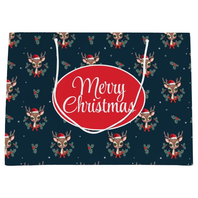 Cute Christmas Reindeer Large Gift Bag (Front)