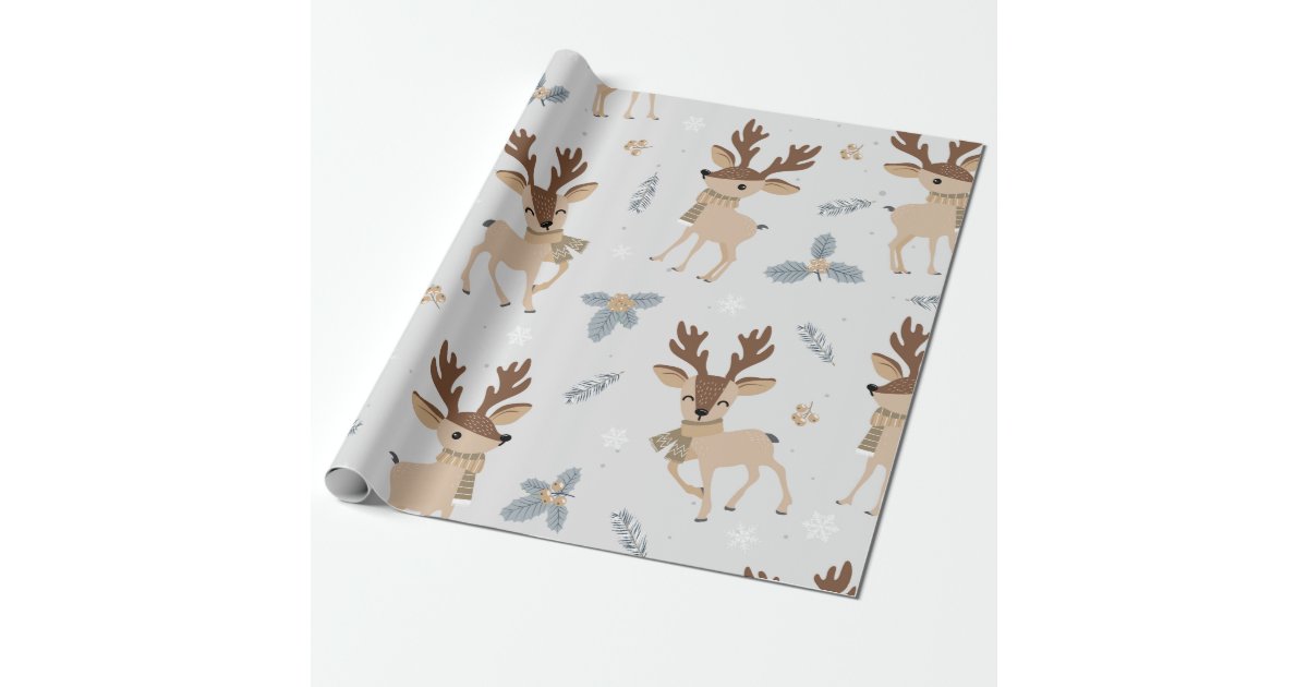 Christmas Reindeer Wrapping Paper With Tag, Scandinavian Woodland