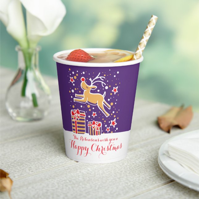 Cute Christmas reindeer purple red custom Paper Cups (Insitu)