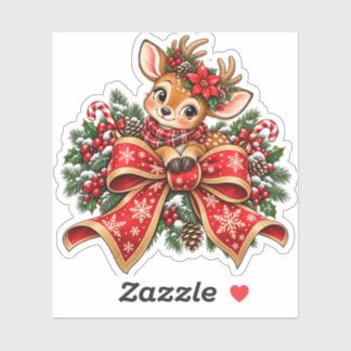 Cute Christmas Reindeer Red Bow Sticker