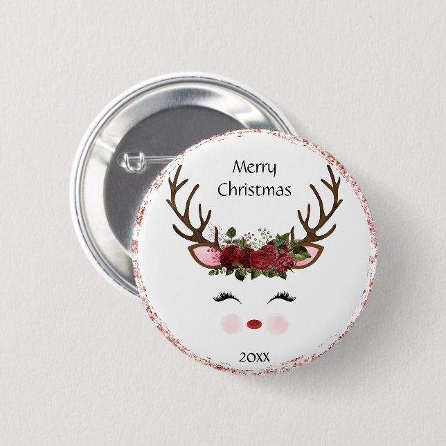 Cute Christmas Reindeer Red Floral Button (Front & Back)