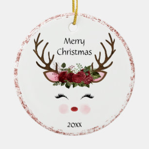 Cute Christmas Reindeer Red Floral Ceramic Ornamen Ornament