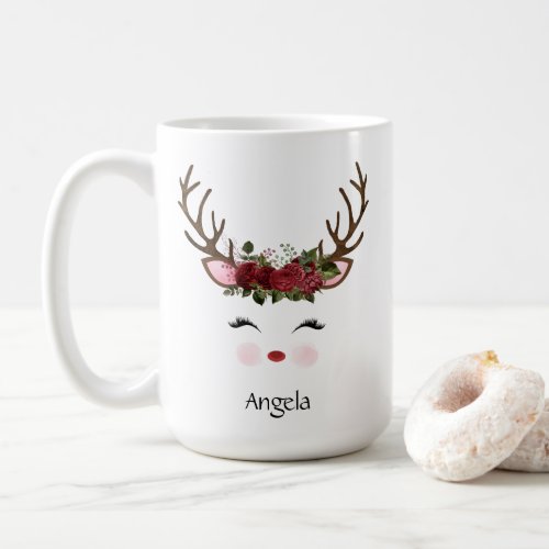 Cute Christmas Reindeer Red Floral Coffee Mug