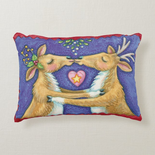 Cute Christmas Reindeer, Romantic Kiss w Mistletoe Accent Pillow (Front)
