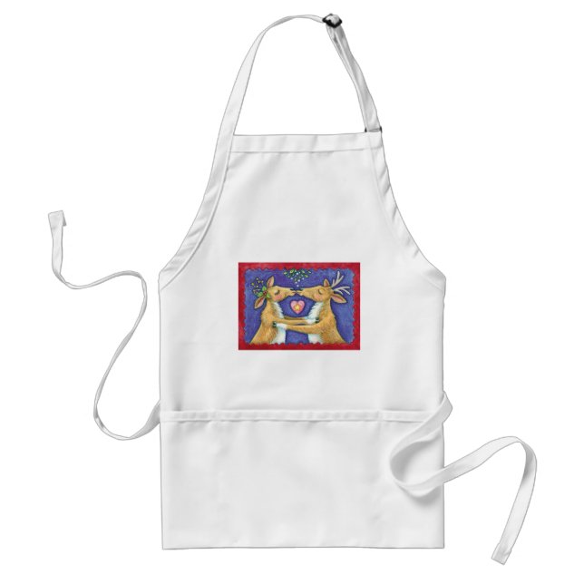 Cute Christmas Reindeer, Romantic Kiss w Mistletoe Adult Apron (Front)