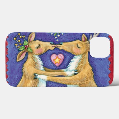 Cute Christmas Reindeer Romantic Kiss w Mistletoe iPhone 13 Case