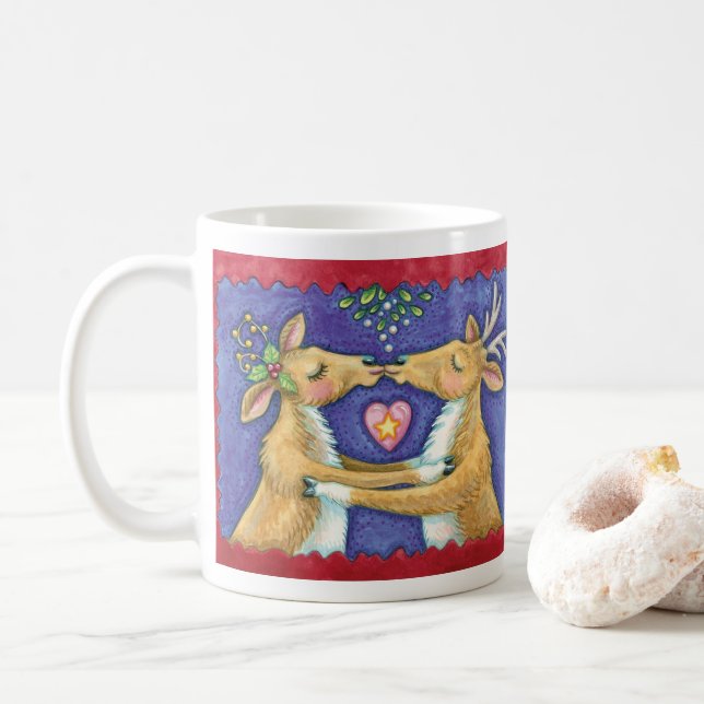 Cute Christmas Reindeer, Romantic Kiss w Mistletoe Coffee Mug (With Donut)