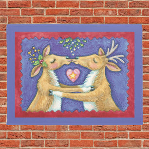 Cute Christmas Reindeer, Romantic Kiss w Mistletoe Doormat